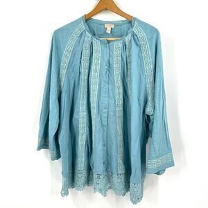 LOGO Lori Goldstein Lavish Stillwater Button Up Scallop Lace 3/4 Sleeve Top 3XL